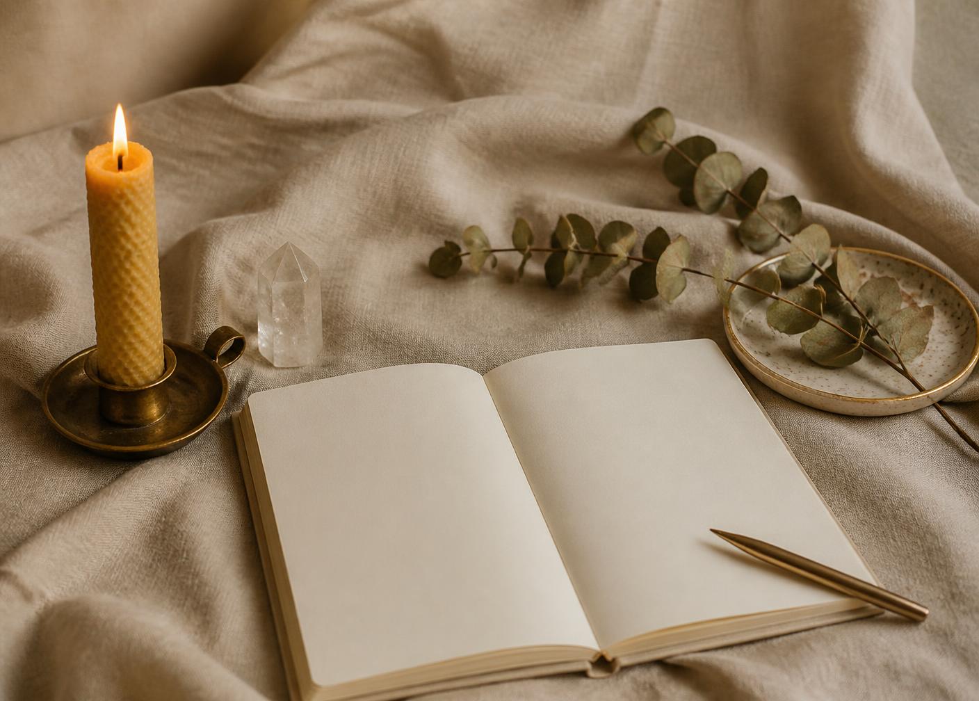 Bougie, quartz, eucalyptus et carnet ouvert : l'espace de pratique des rituels